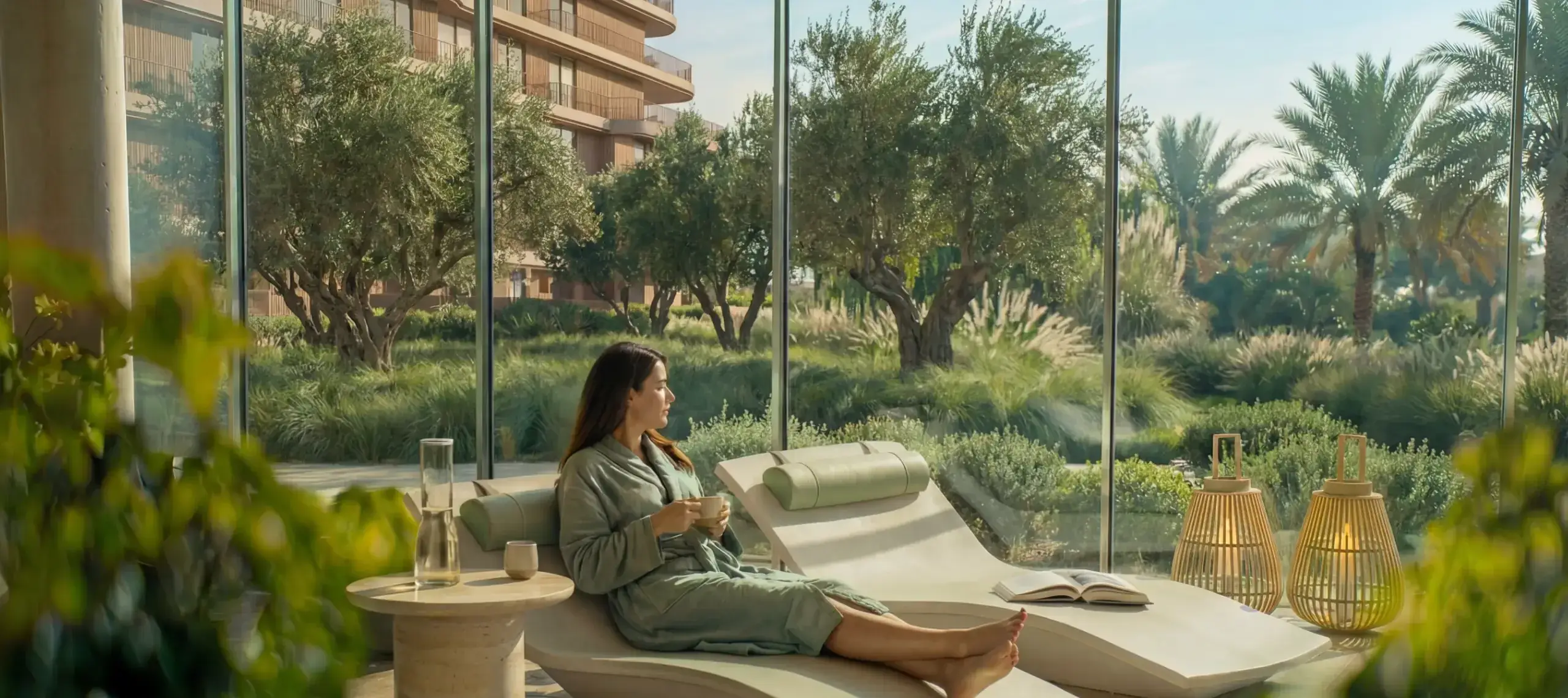 Resident relaxing on a lounger beside floor-to-ceiling windows overlooking landscaped gardens
