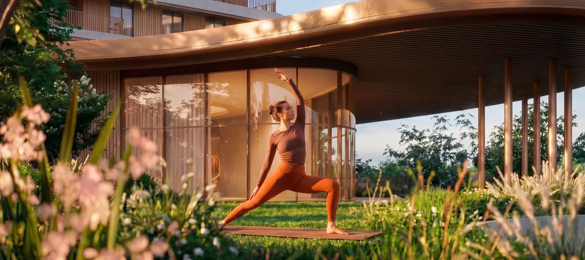 Morning yoga on a landscaped garden lawn beside a residential pavilion