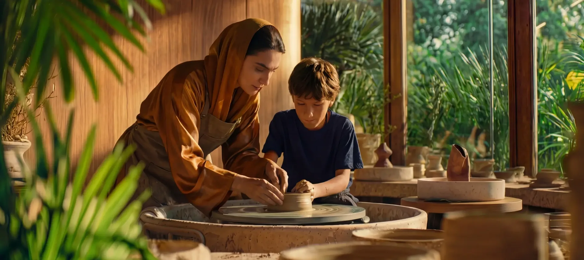 Parent and child at a pottery wheel in a garden studio
