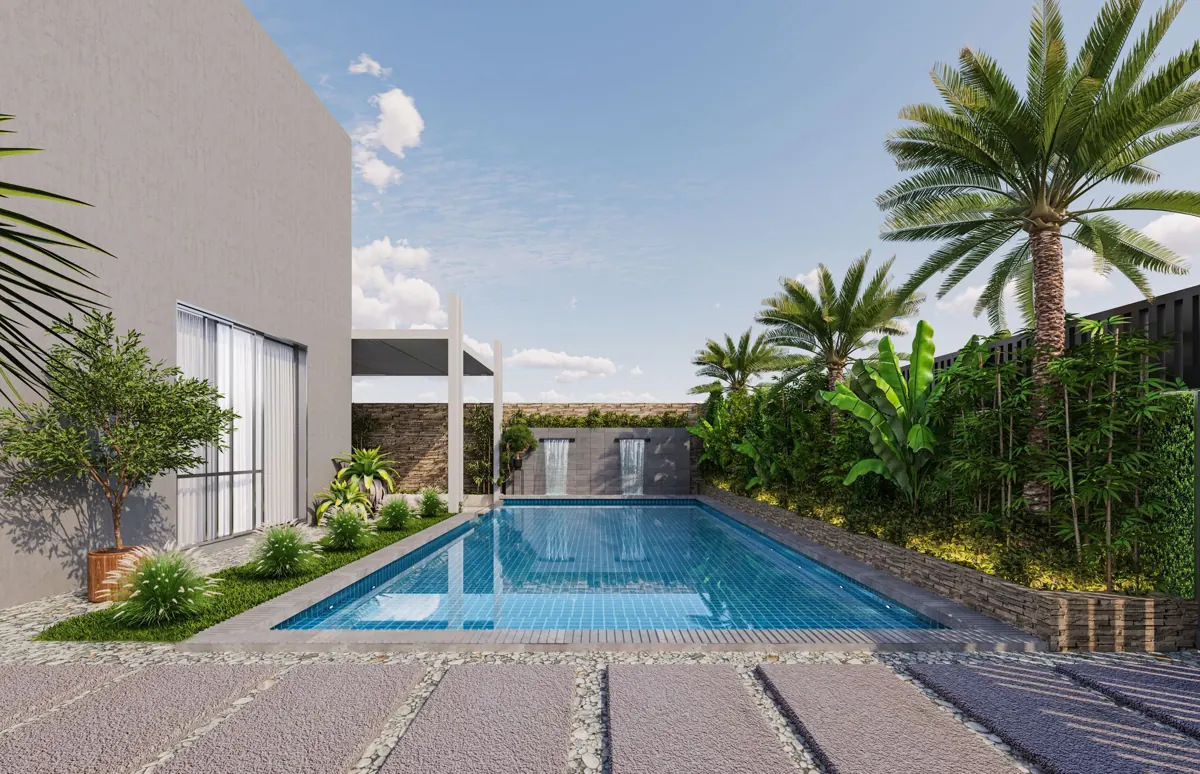 Contemporary villa courtyard with a private pool